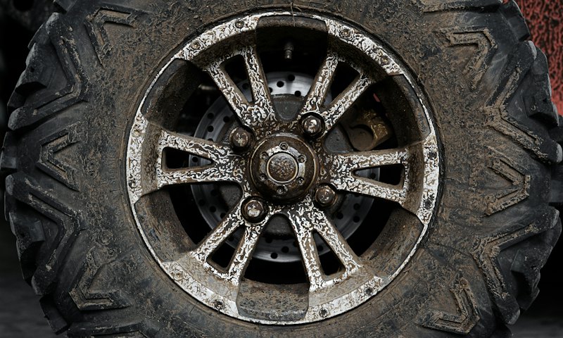 Close-up of a chunky all-terrain tyre